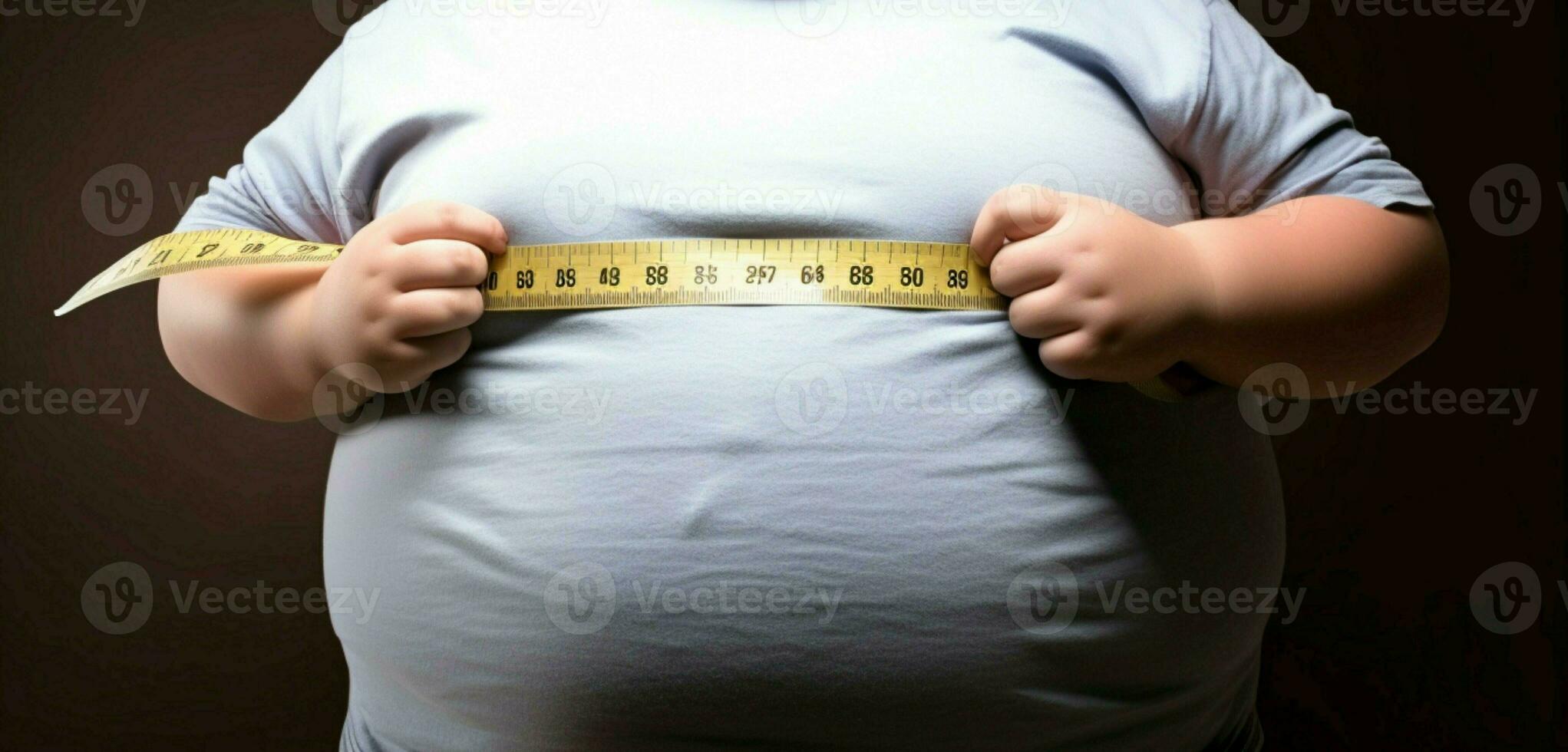 Obese boy measures stomach with tape, isolated on white, highlighting healthy weight loss AI Generated photo