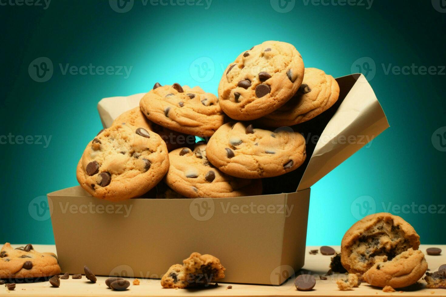 Chocolate chip cookies tumble from a paper box against a turquoise backdrop AI Generated photo