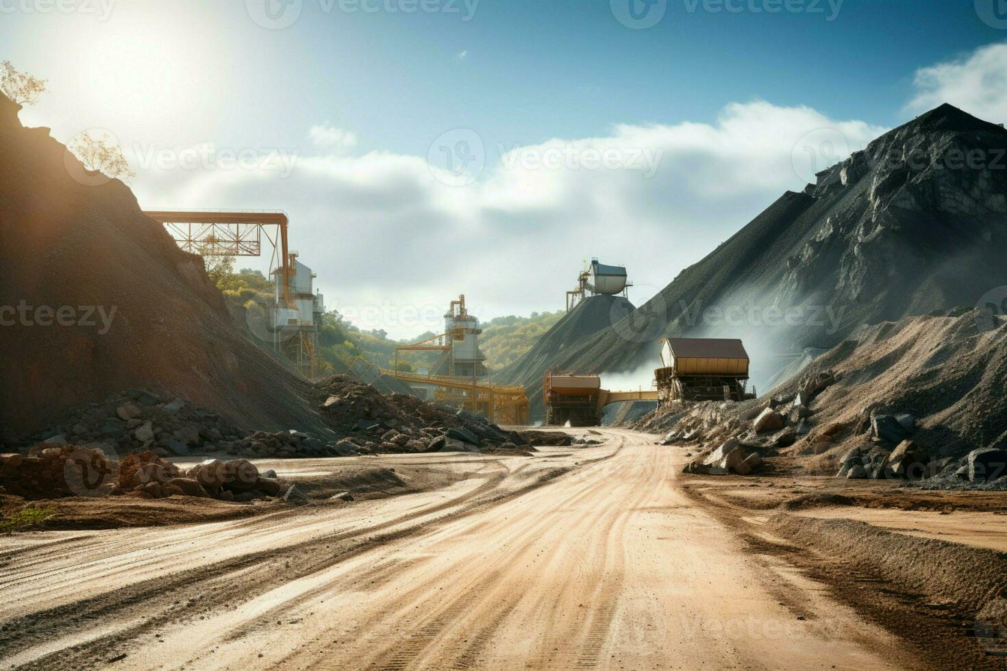 Landscape hosts phosphate mine alongside processing mill, depicting mineral industry operations. AI Generated photo