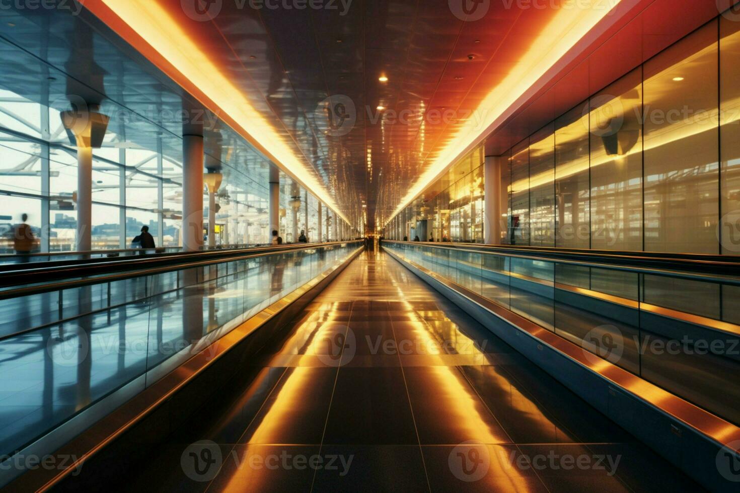 The airport's dynamic flow blurred travelers on parallel moving walkways, a straight path AI Generated photo