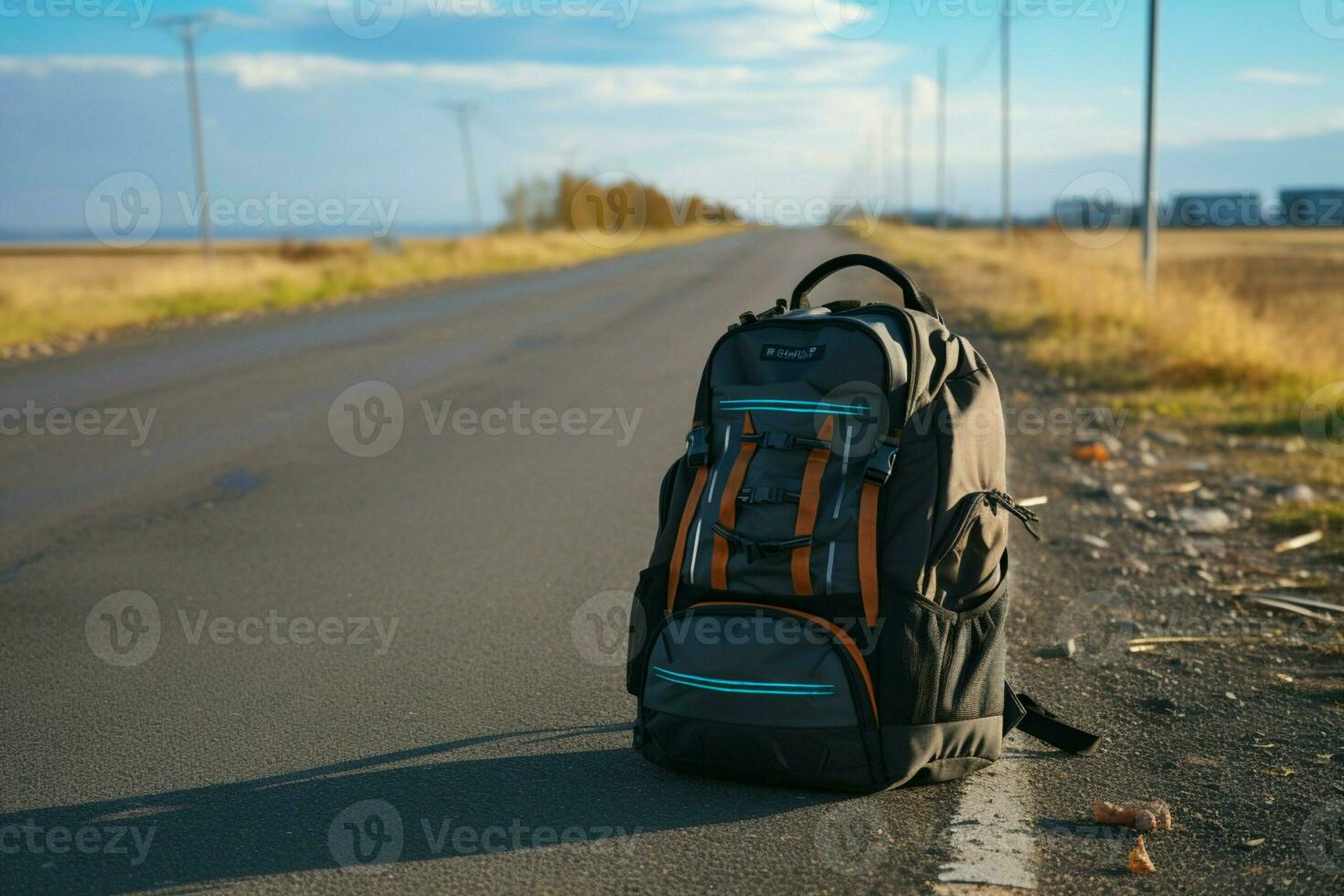 Traveler's backpack hits the asphalt road, marking the start of their adventure AI Generated photo