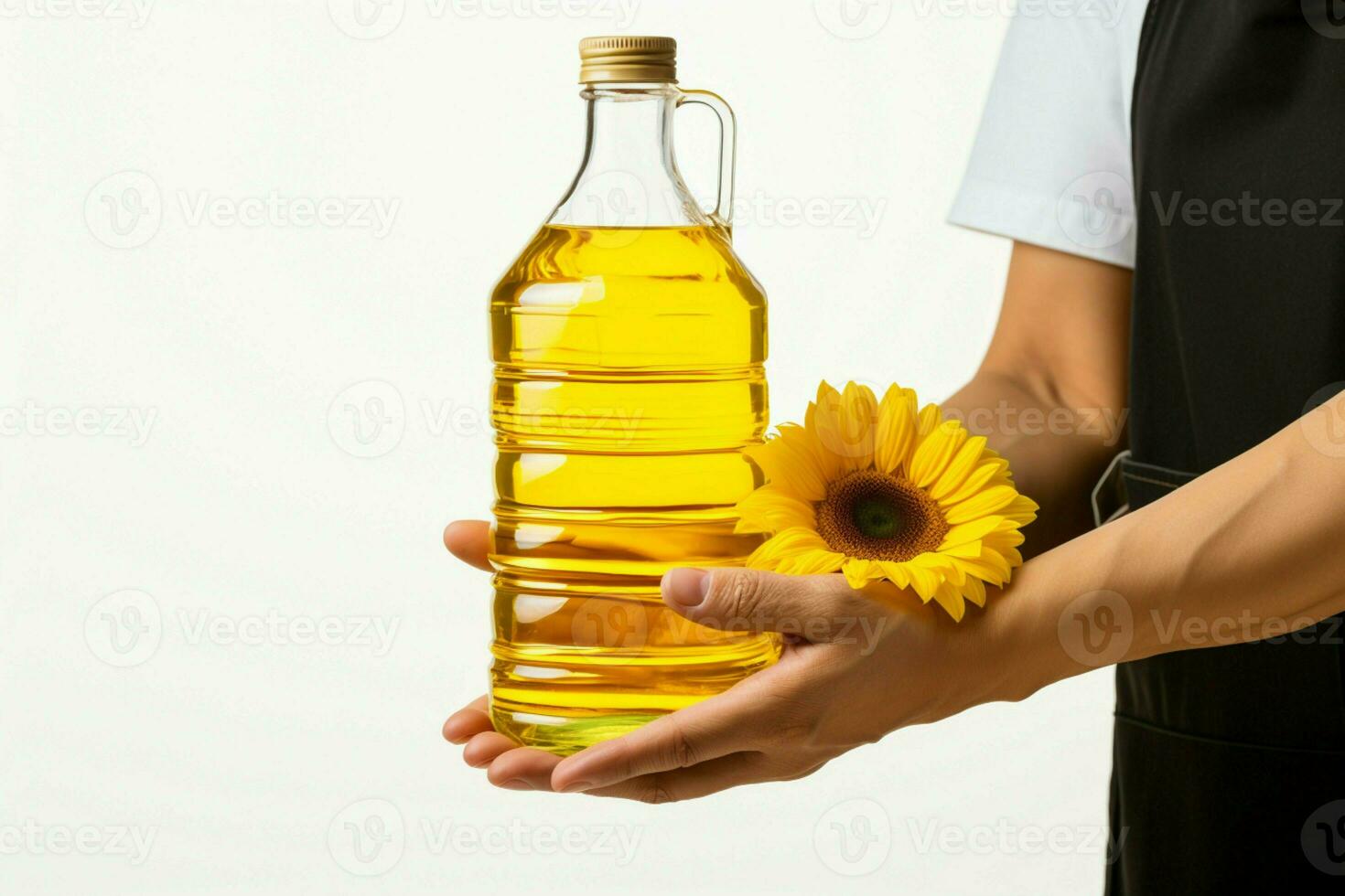 White isolated background, cooking hands with a sunflower oil bottle AI Generated photo