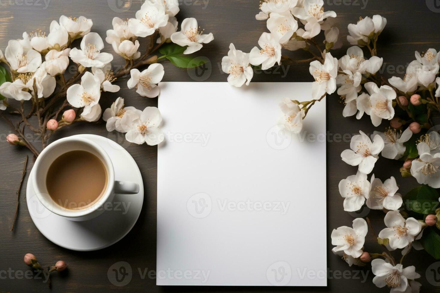 White background adorned with coffee, notepad, and fresh flowers AI Generated photo