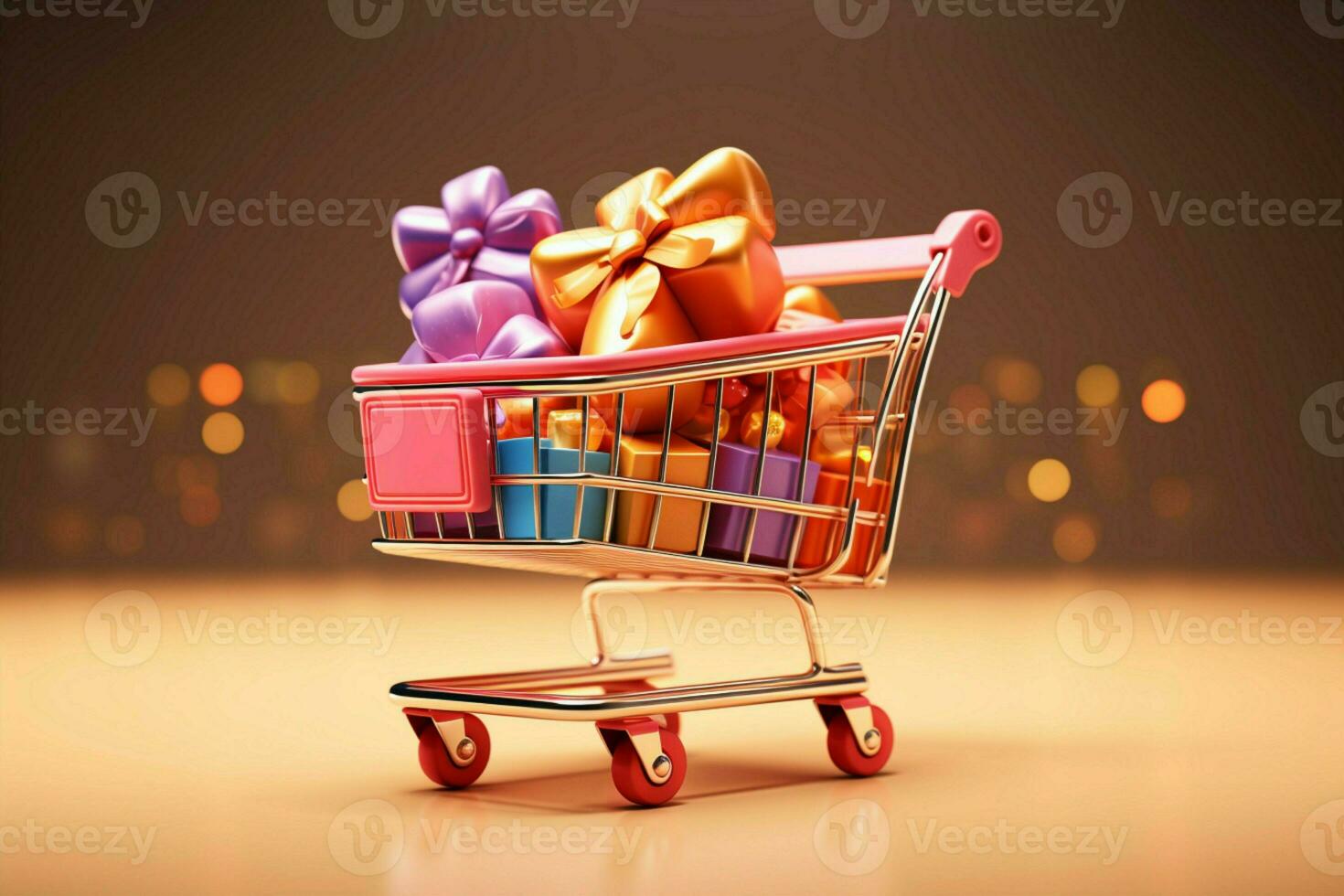 A whimsical 3D rendering and digital drawing showcase a shopping themed cartoon cart AI Generated photo