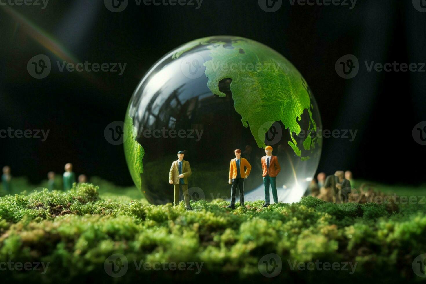 Tiny people positioned on grass, framed by an Earth crystal ball AI Generated photo