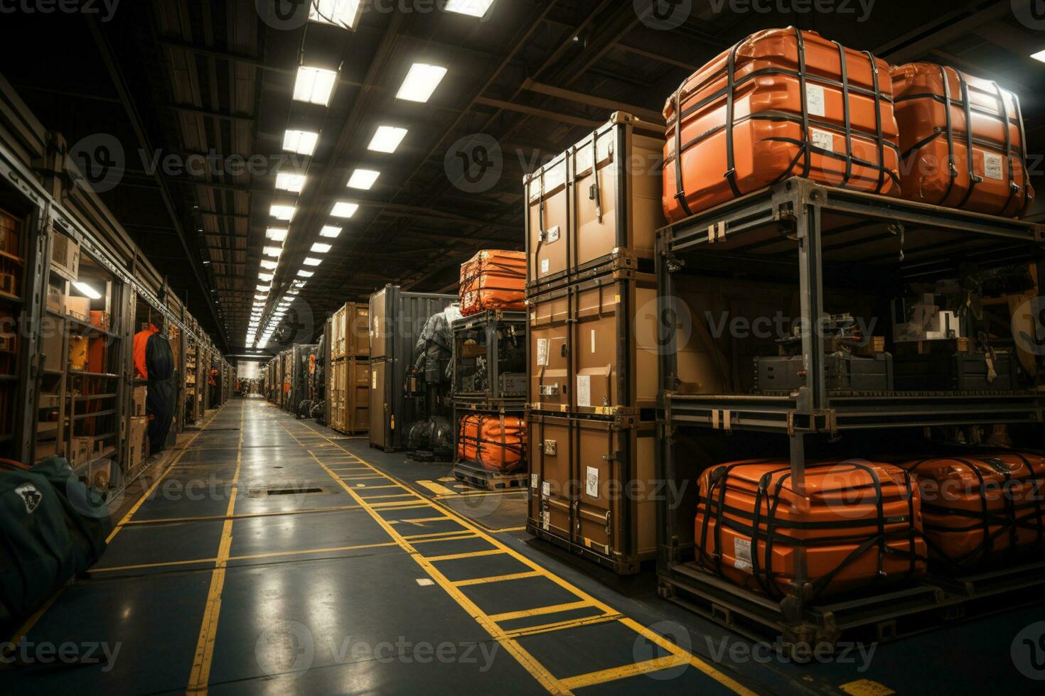 Cargo stored in a vast warehouse under a sturdy metal frame roof  AI Generated photo