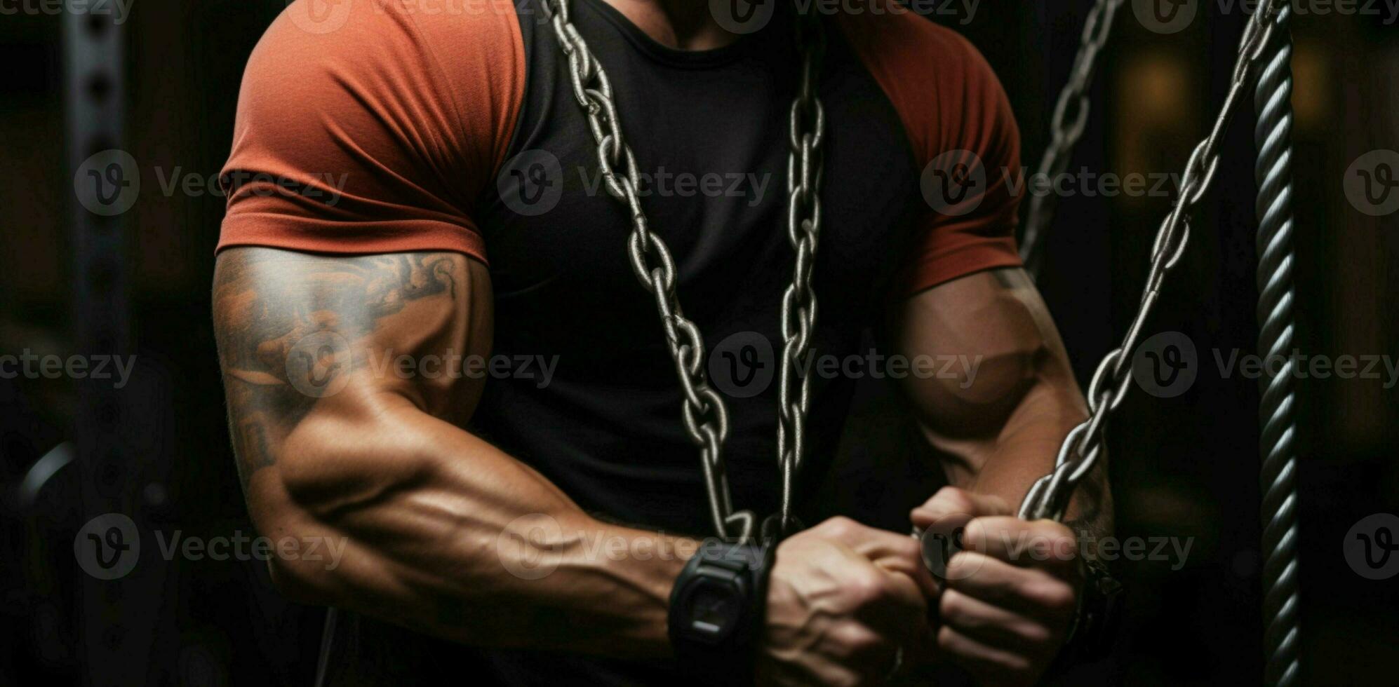 A cropped close up of a bodybuilders muscular arms during cable crossover exercise AI Generated photo