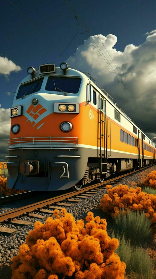 Vibrant summer train, moving under cloudy skies on a hot day Vertical Mobile Wallpaper AI Generated photo