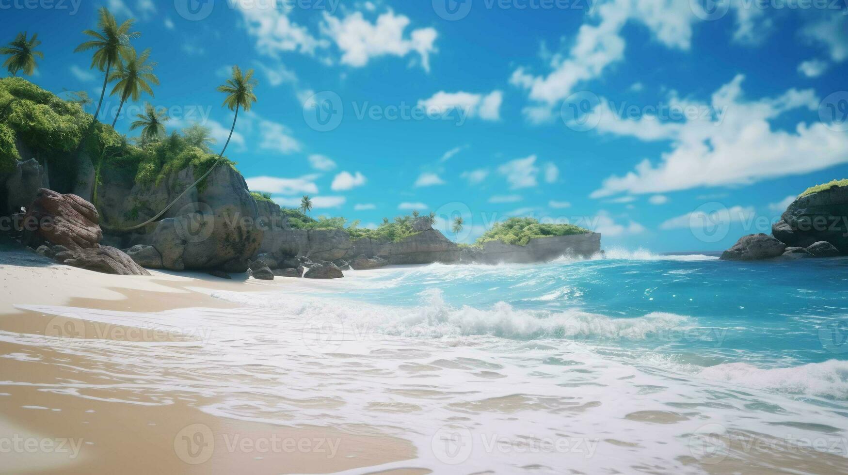 Idyllic wide angle view of a magical and beautiful beach, serene and enchanting photo