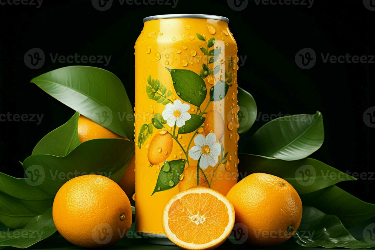 Fruitful display aluminum soda can descends amid juicy oranges and lush leaves AI Generated photo