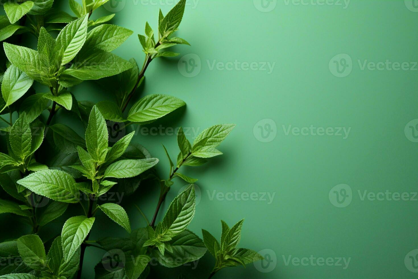 Copy space on a pale green backdrop, adorned with foreground mint leaves AI Generated photo