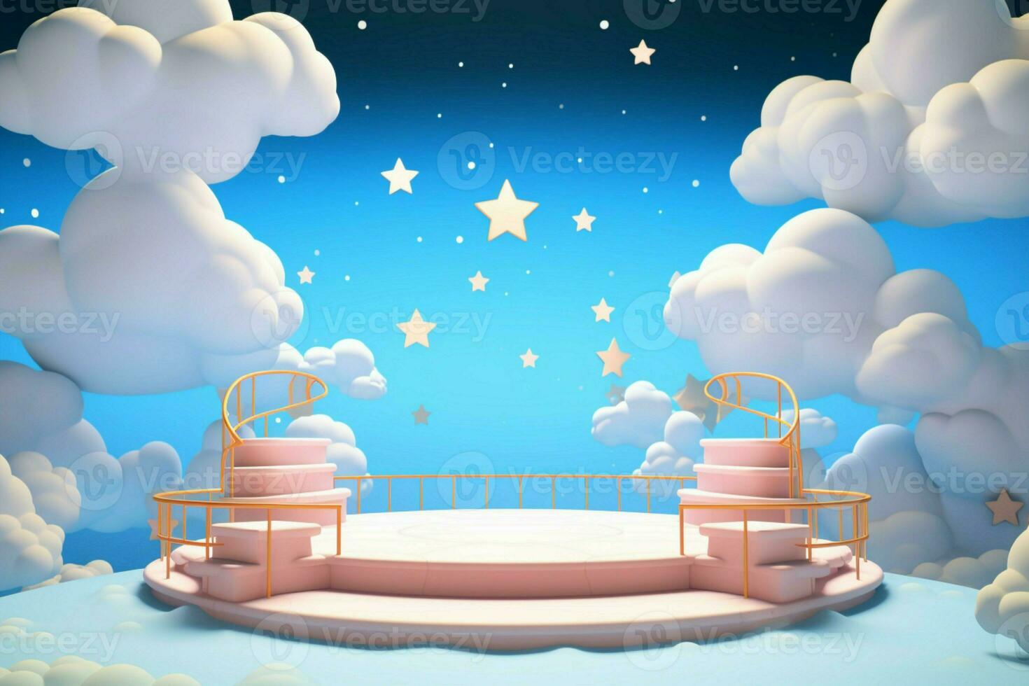 Whimsical 3D rendered podium set under a blue sky with cartoon clouds and stars AI Generated photo