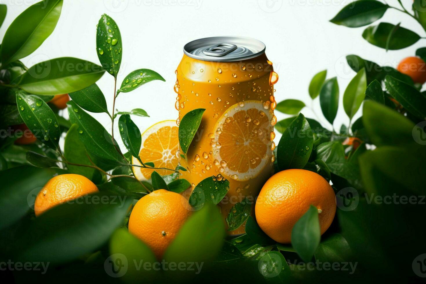 A falling aluminum soda can surrounded by juicy oranges and green leaves AI Generated photo