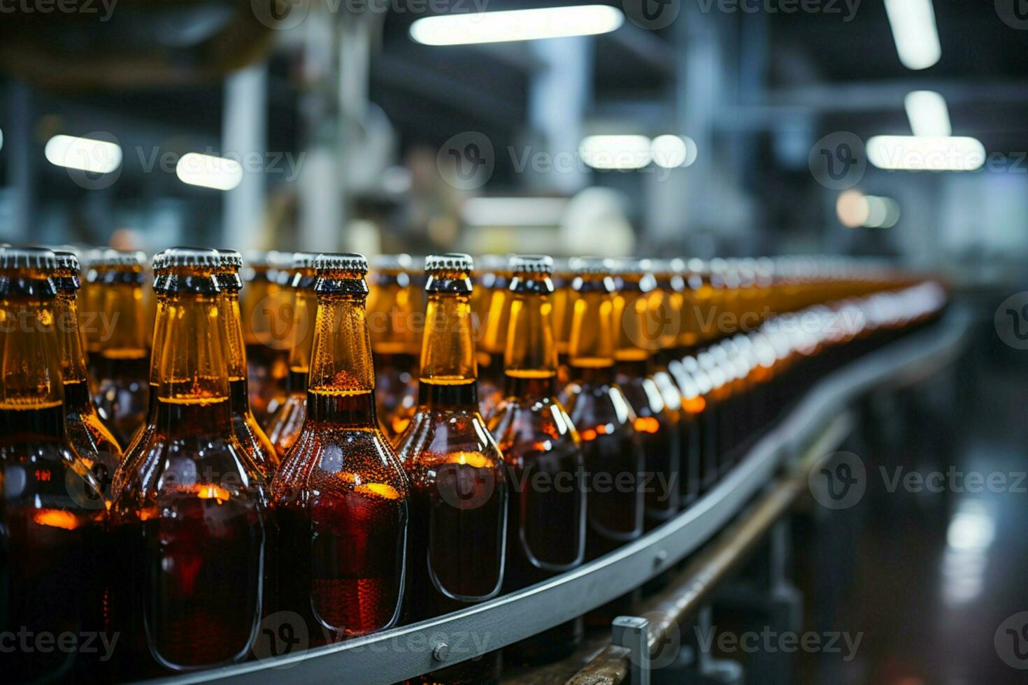 Shallow DOF reveals meticulous beer bottle arrangement on conveyor, emphasizing manufacturing excellence AI Generated photo