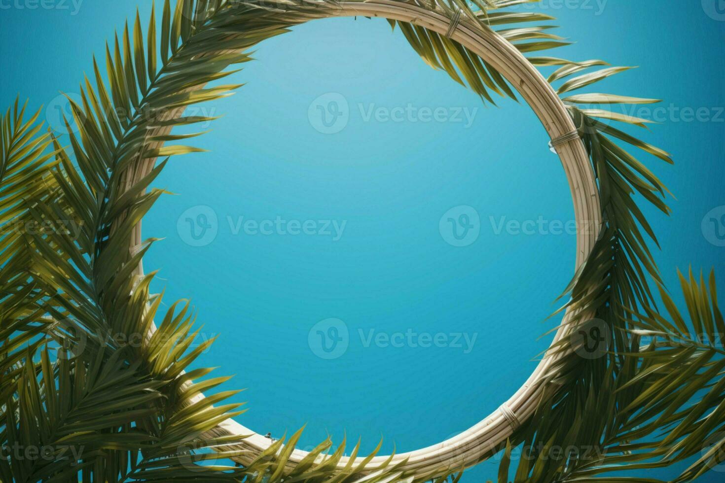 Tropical wreath Palm leaves on a backdrop of clear blue skies AI Generated photo