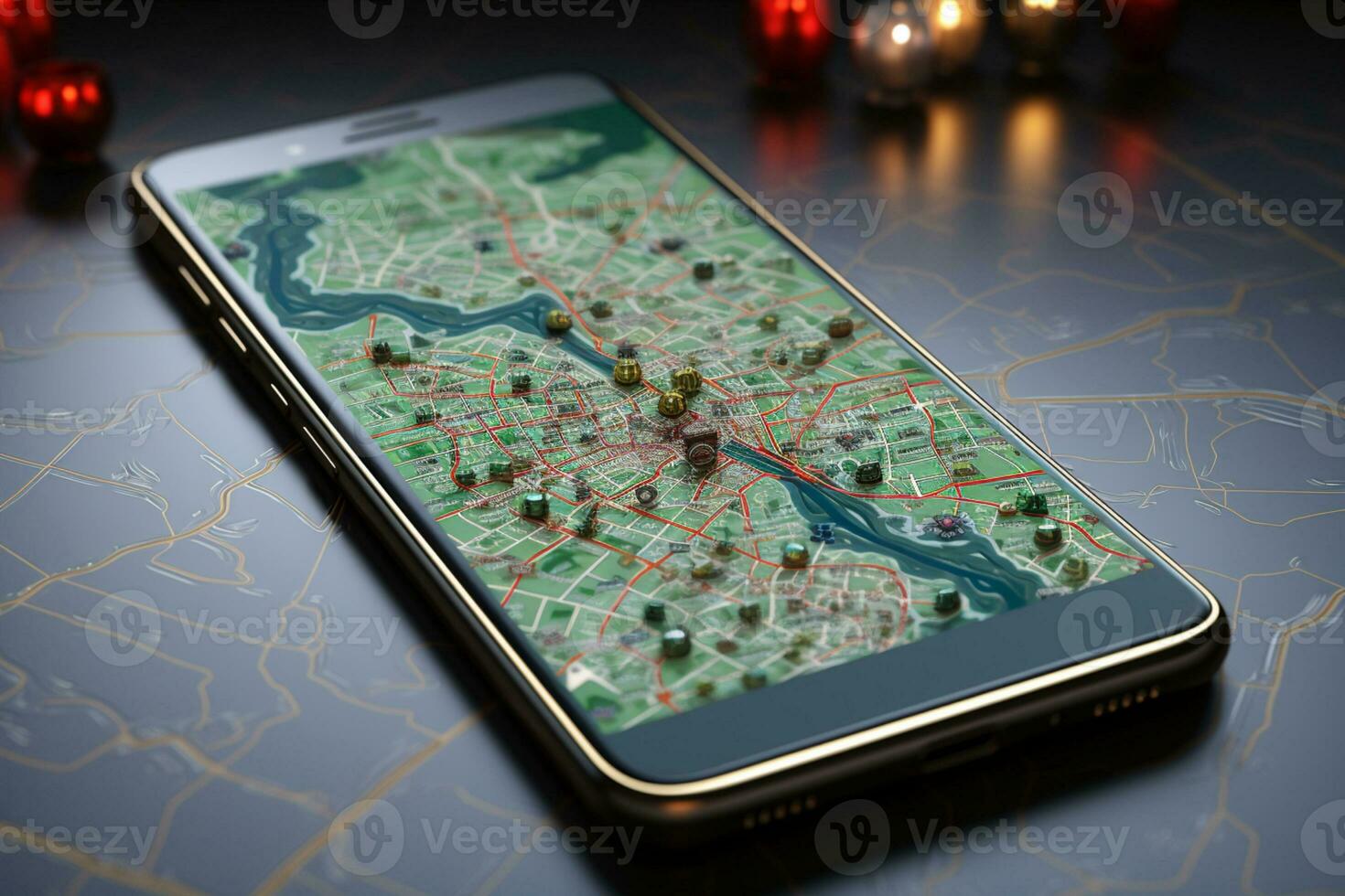 Mockup of GPS navigator with green pin on white map backdrop  AI Generated photo