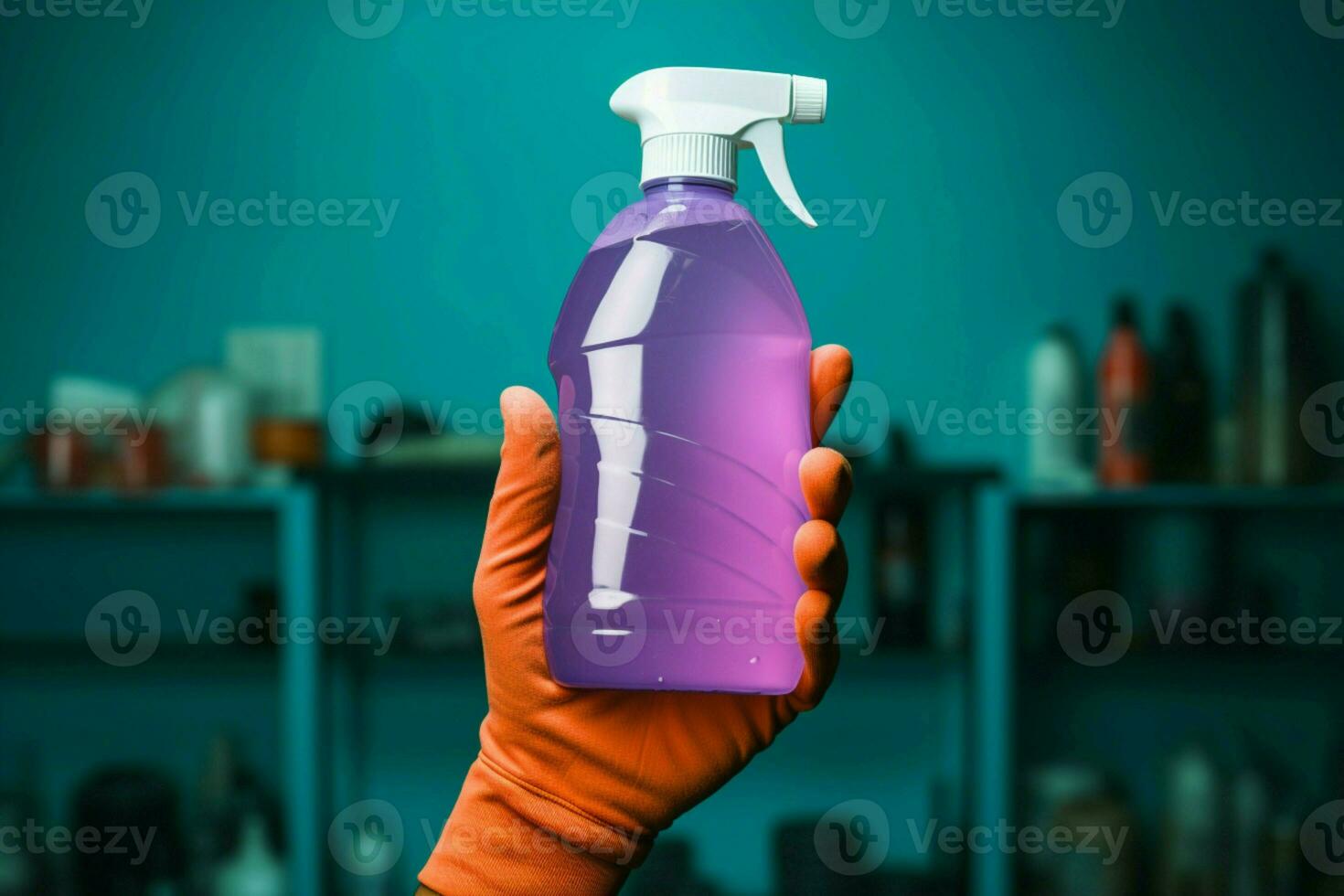 persona presentación un detergente botella en un revisado estudio ambiente ai generado foto