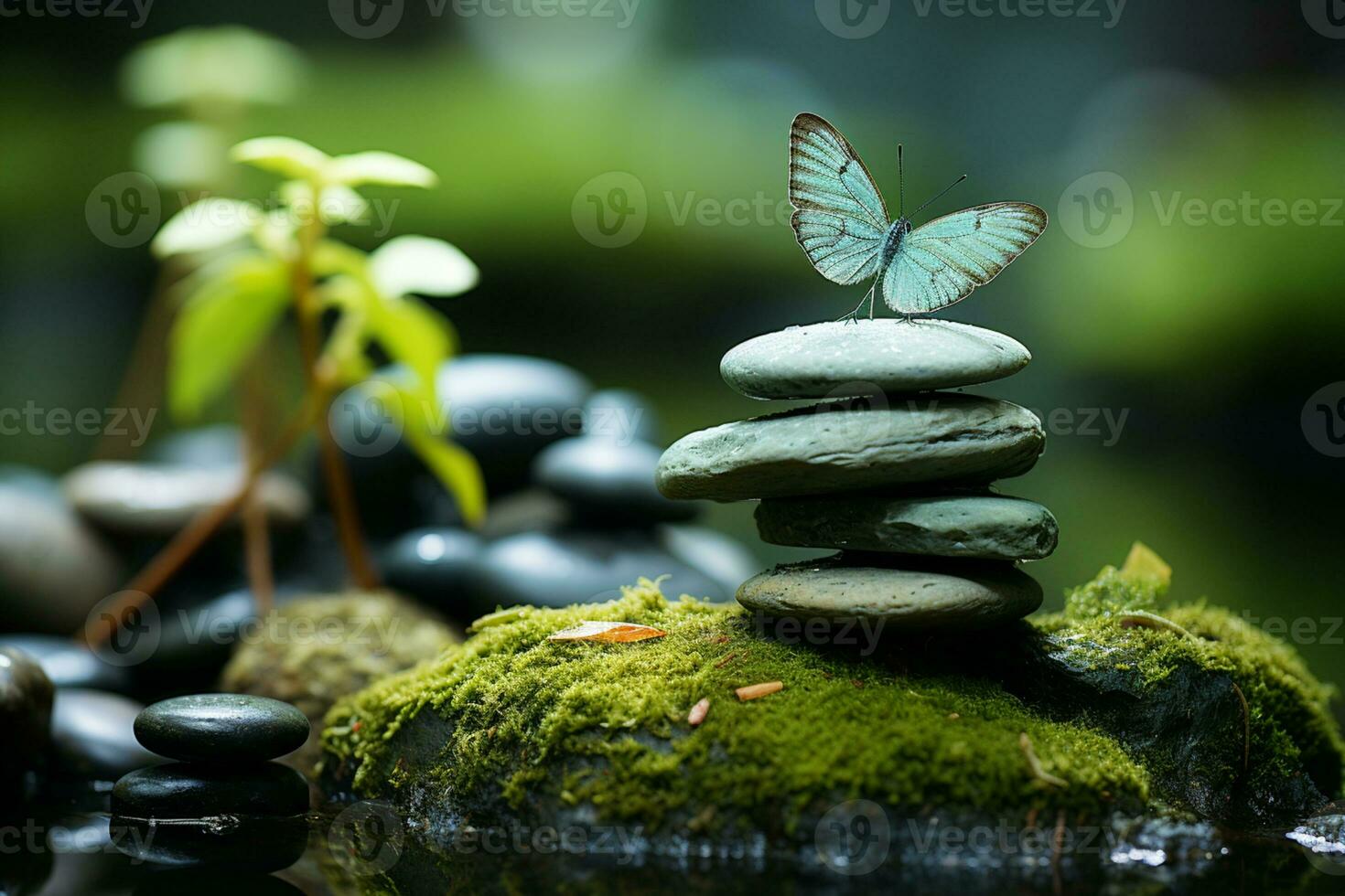 Tranquil zen garden hosts a butterfly amidst the spas massage stones  AI Generated photo