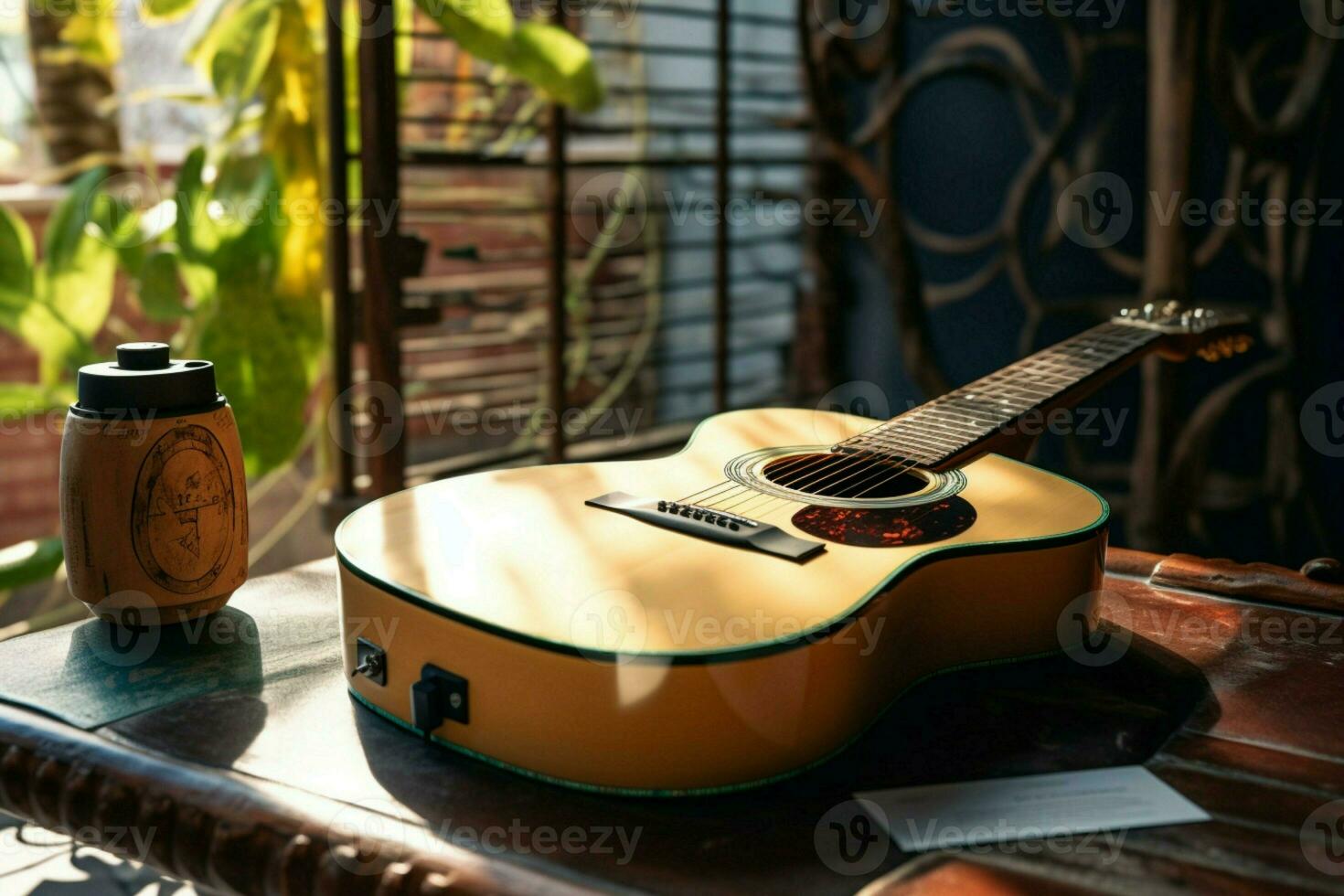 A vacant space resonates with the echo of an unattended acoustic guitar. AI Generated photo