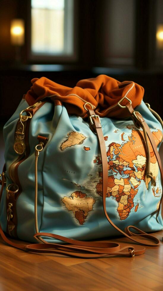 Traveler s essential, laundry bag featuring a world map for wanderers Vertical Mobile Wallpaper AI Generated photo