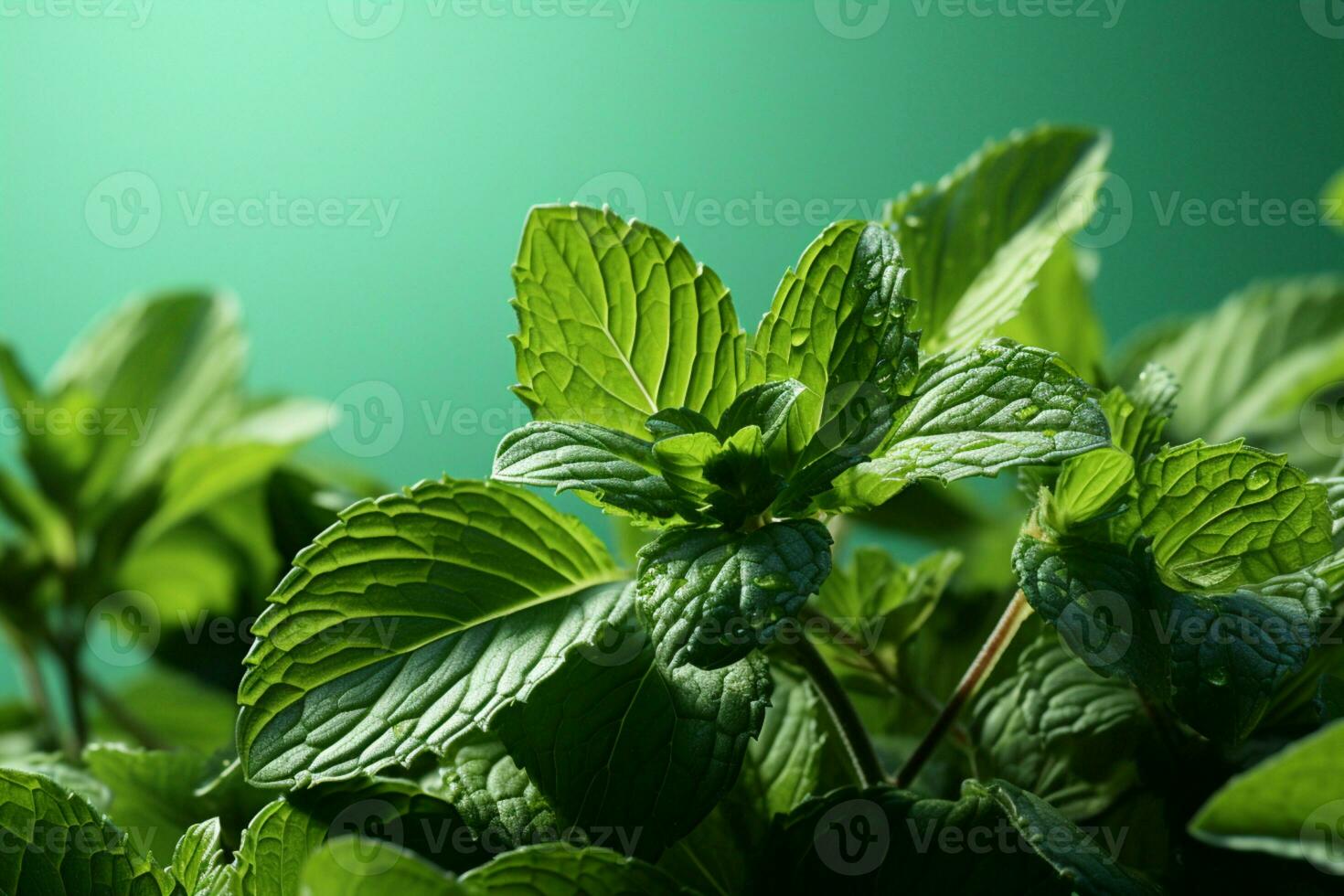 menta hojas en el primer plano conjunto en contra un calmante pálido verde antecedentes ai generado foto