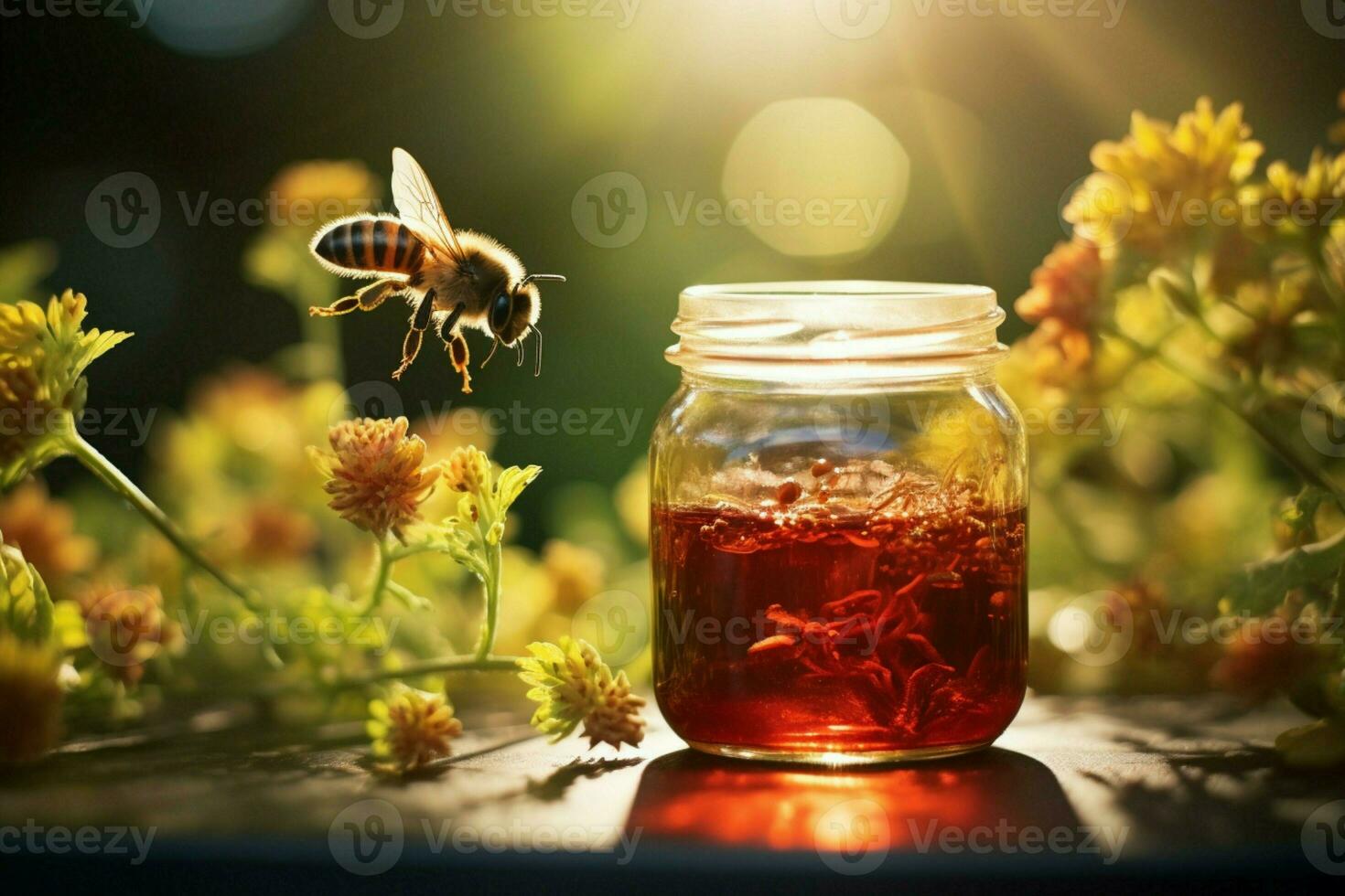 abeja toma vuelo desde tarro entre rojo verde hojas, lente acampanado magia llena aire ai generado foto