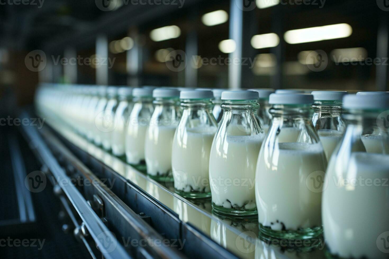 Dairy plants efficient conveyor handles the flow of milk bottles  AI Generated photo