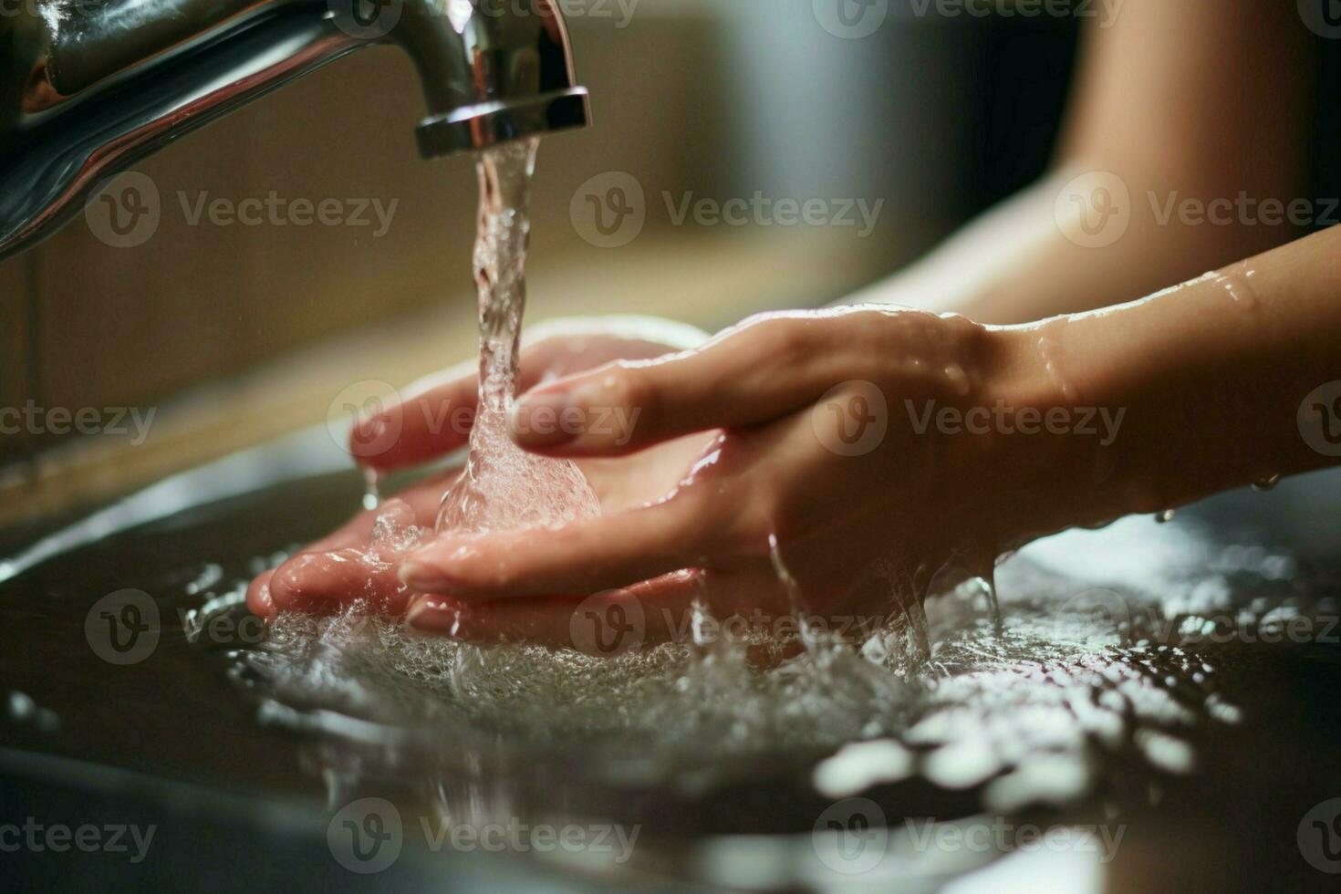 Close up Unidentified woman initiates hygiene, washing her hands diligently in the bathroom AI Generated photo