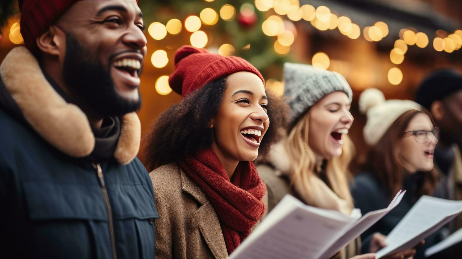 Cheerful group caroling in the neighborhood photo