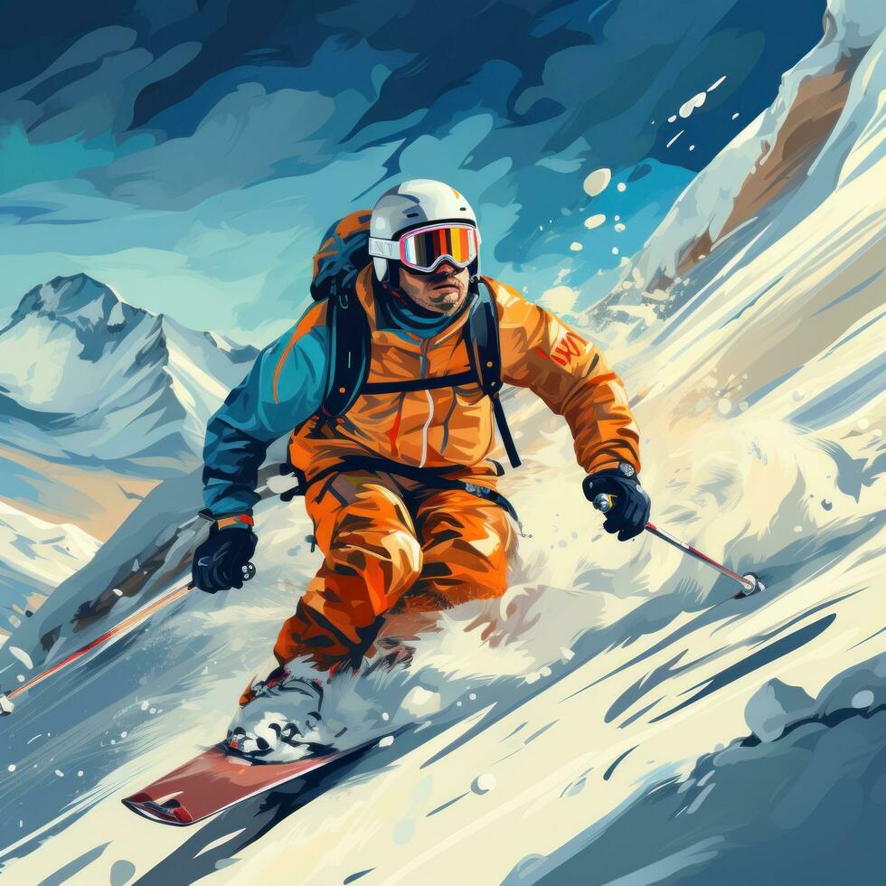 Man skiing down snowy mountain photo