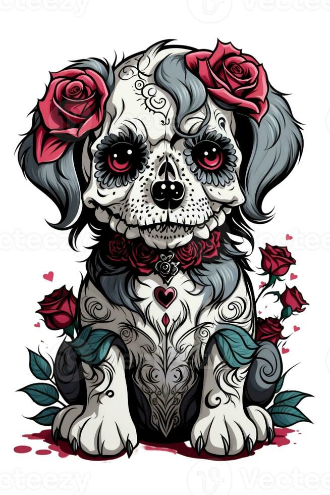 catrina graphics for dia los muertos in a puppy with red roses photo