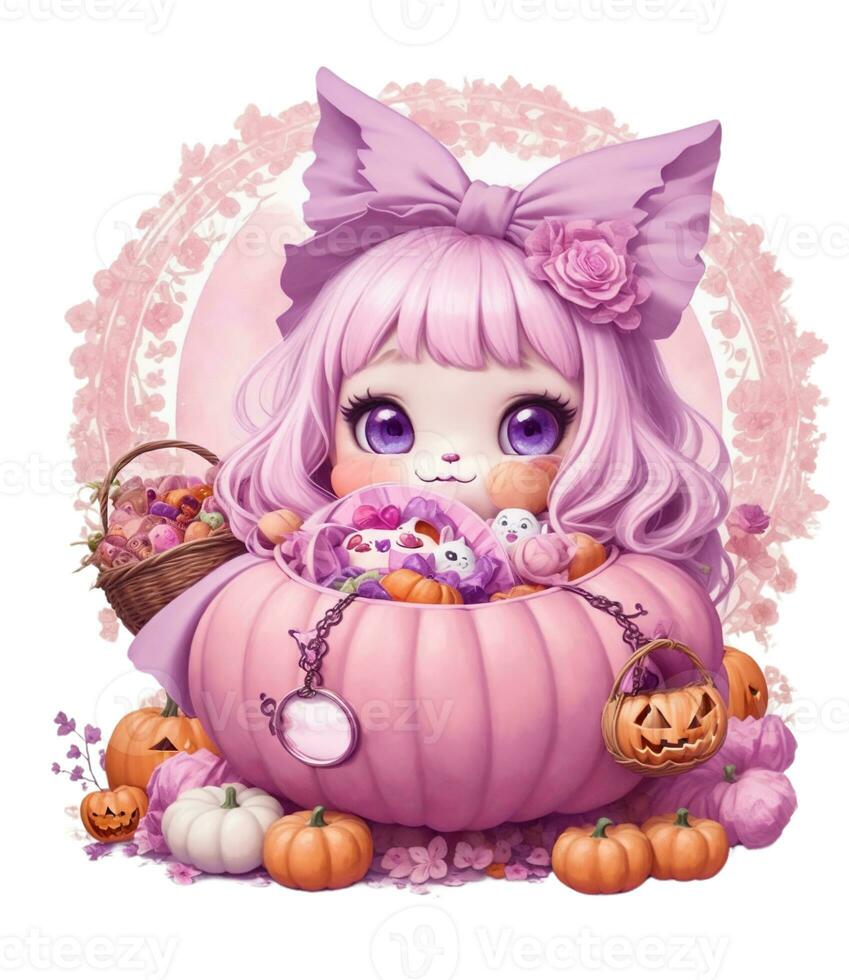 kawaii niña con calabaza vistoso Víspera de Todos los Santos gráficos foto