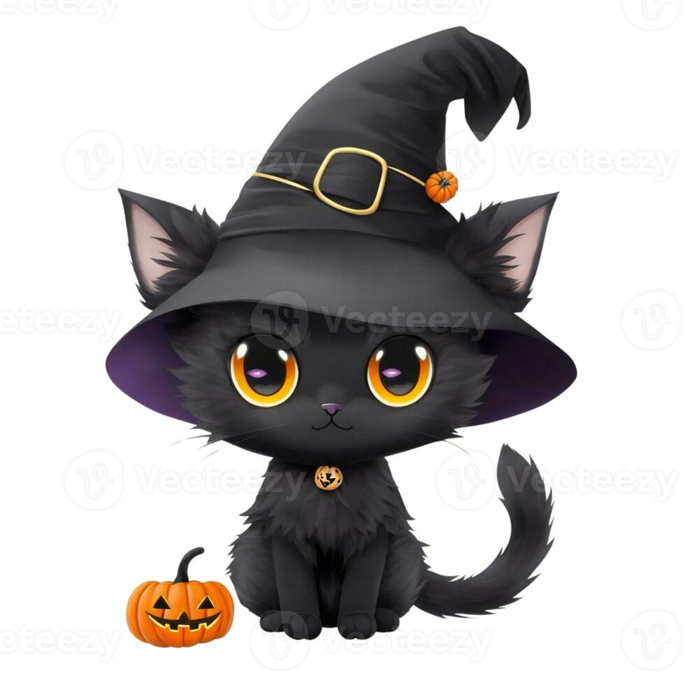 linda negro gato en bruja sombrero y calabaza gráficos para Víspera de Todos los Santos en blanco antecedentes foto