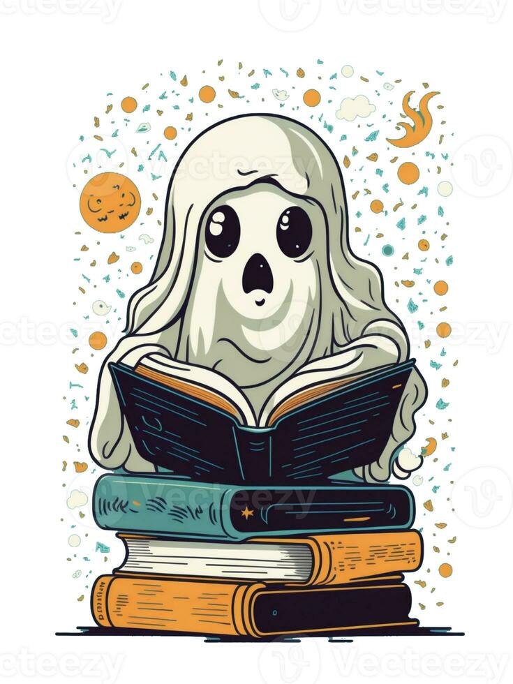 kawaii white ghost reading books artwork for halloween photo