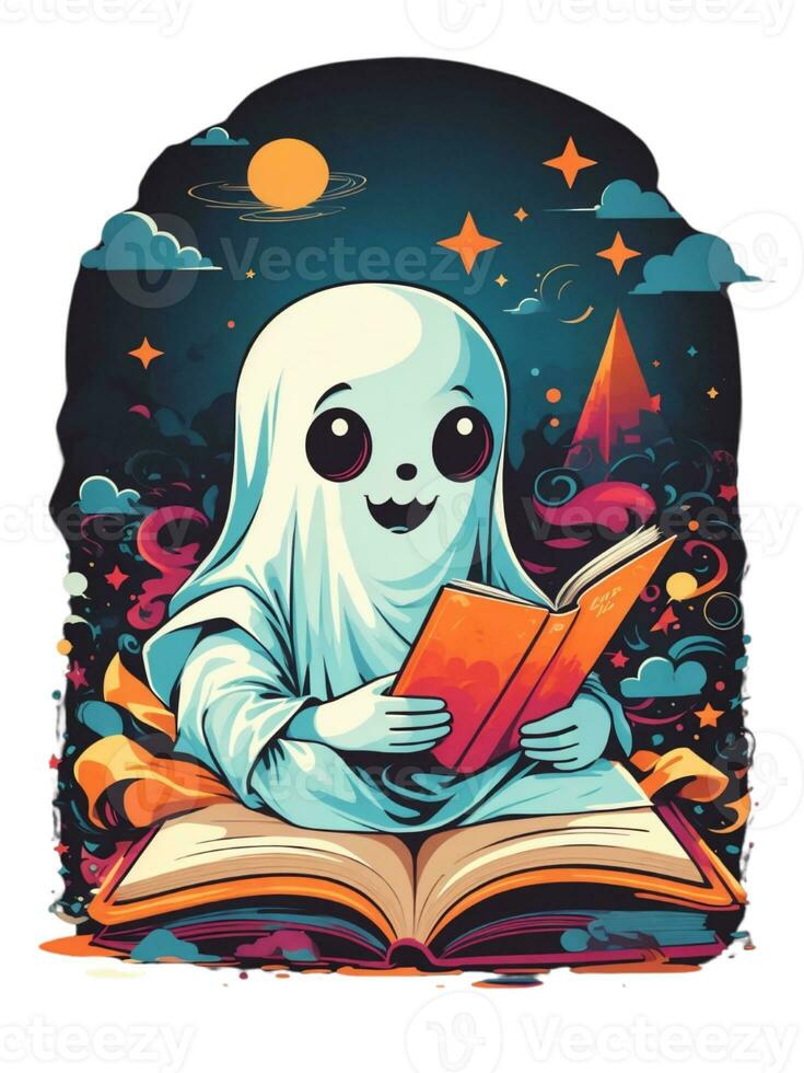 kawaii white ghost reading books artwork for halloween photo