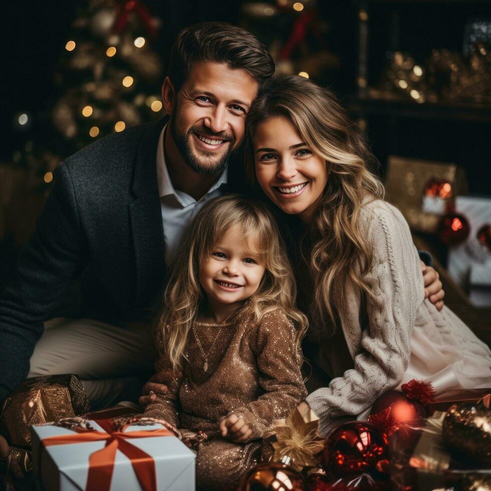 alegre familia con Navidad regalos y decoraciones foto