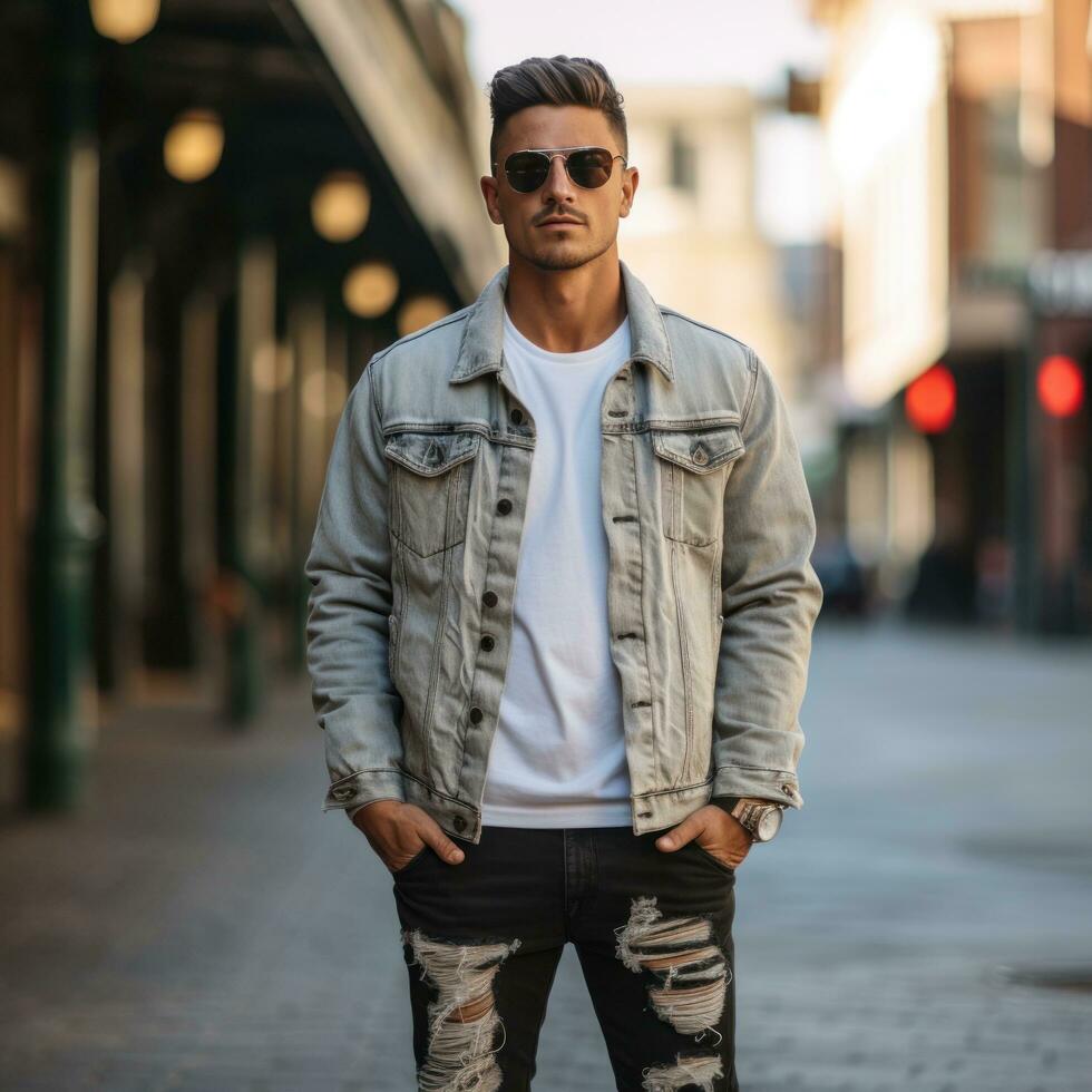 Man in denim jacket and ripped jeans photo