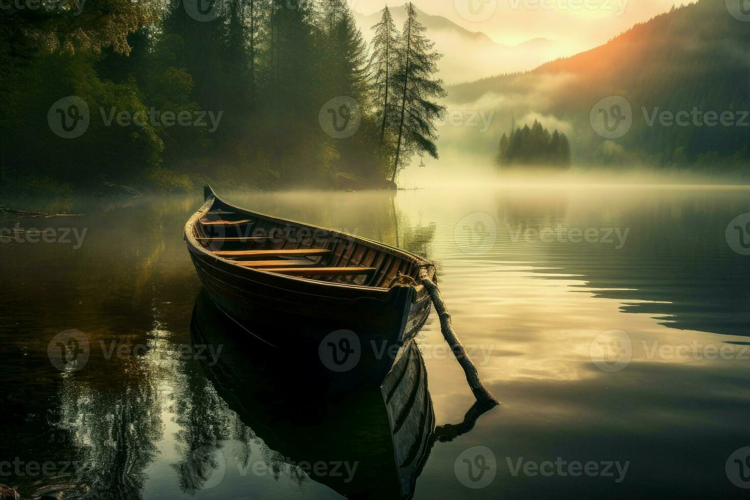 Rustic Fisherman boat lake. Generate Ai photo