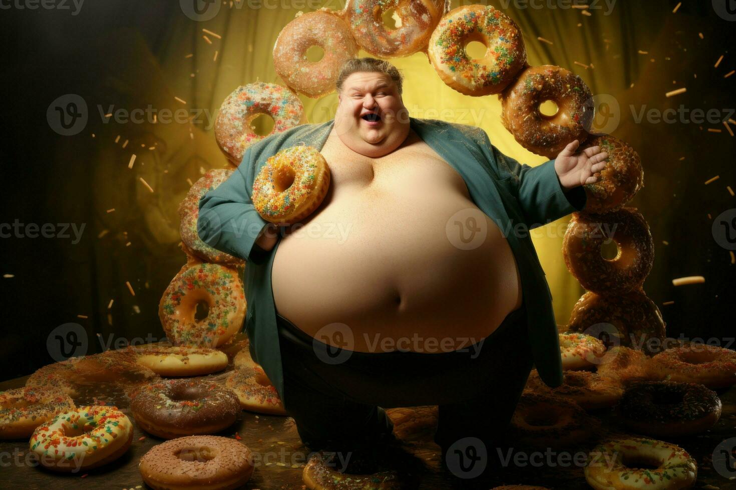 Rotund Fat man holding big donut. Generate Ai photo