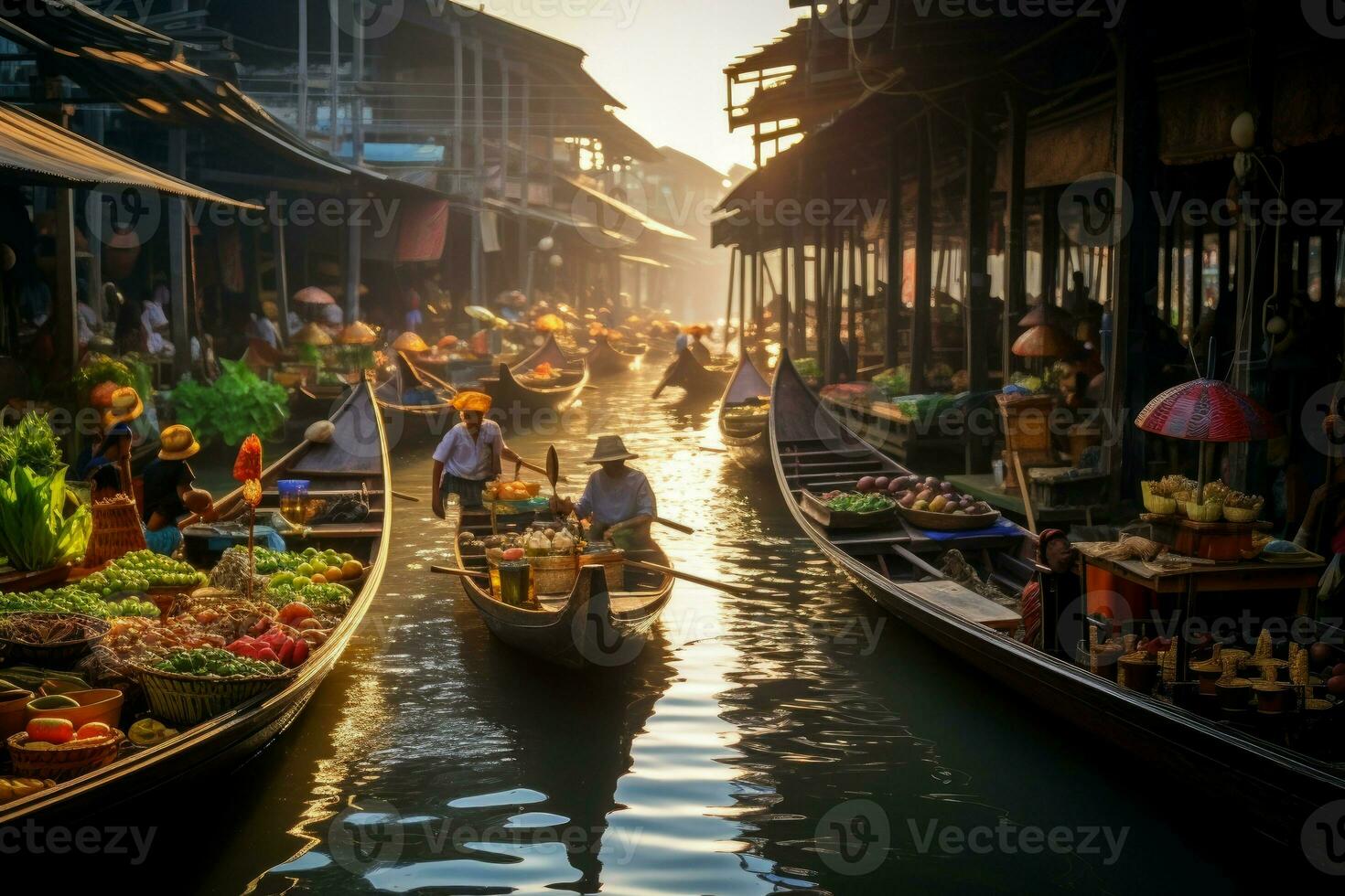 exótico flotante comida mercado río. generar ai foto