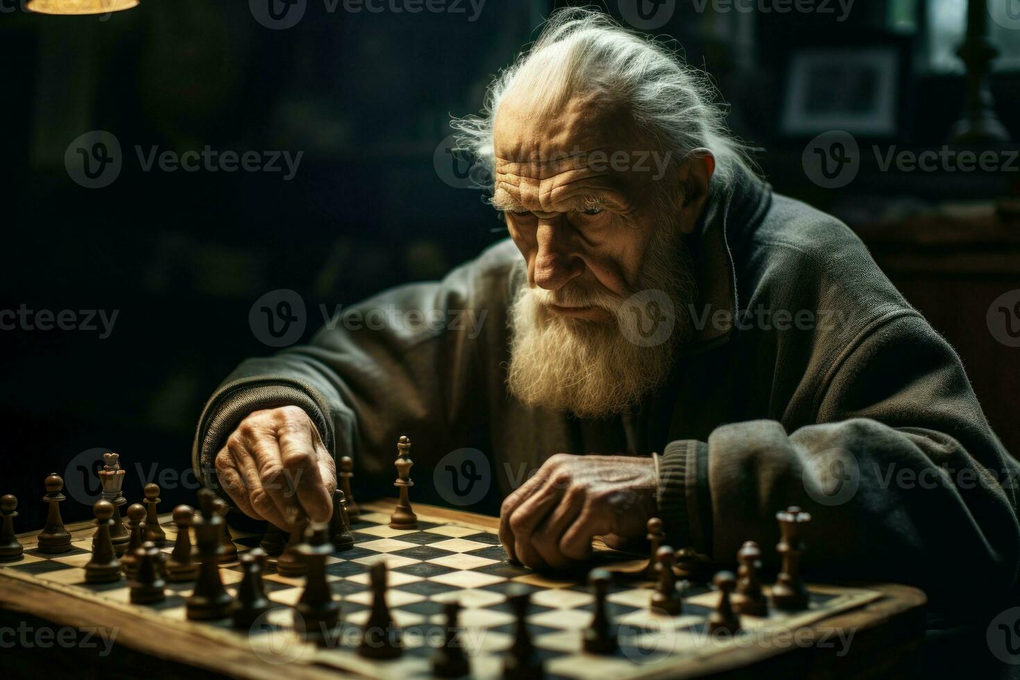 Experienced Elder man home chess. Generate Ai photo