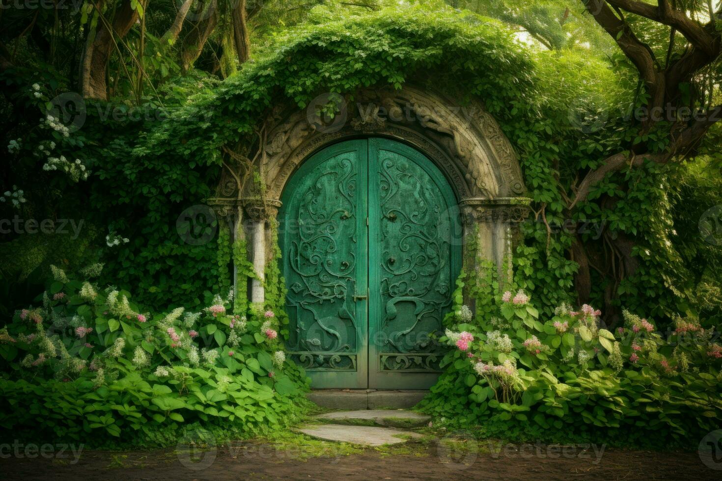 Door green garden. Generate Ai photo