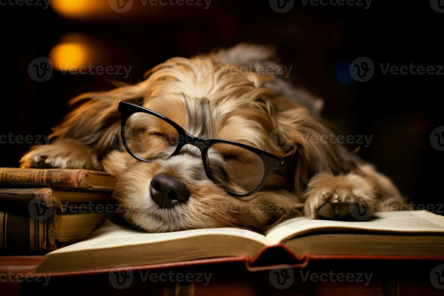 Dog asleep reading. Generate Ai photo