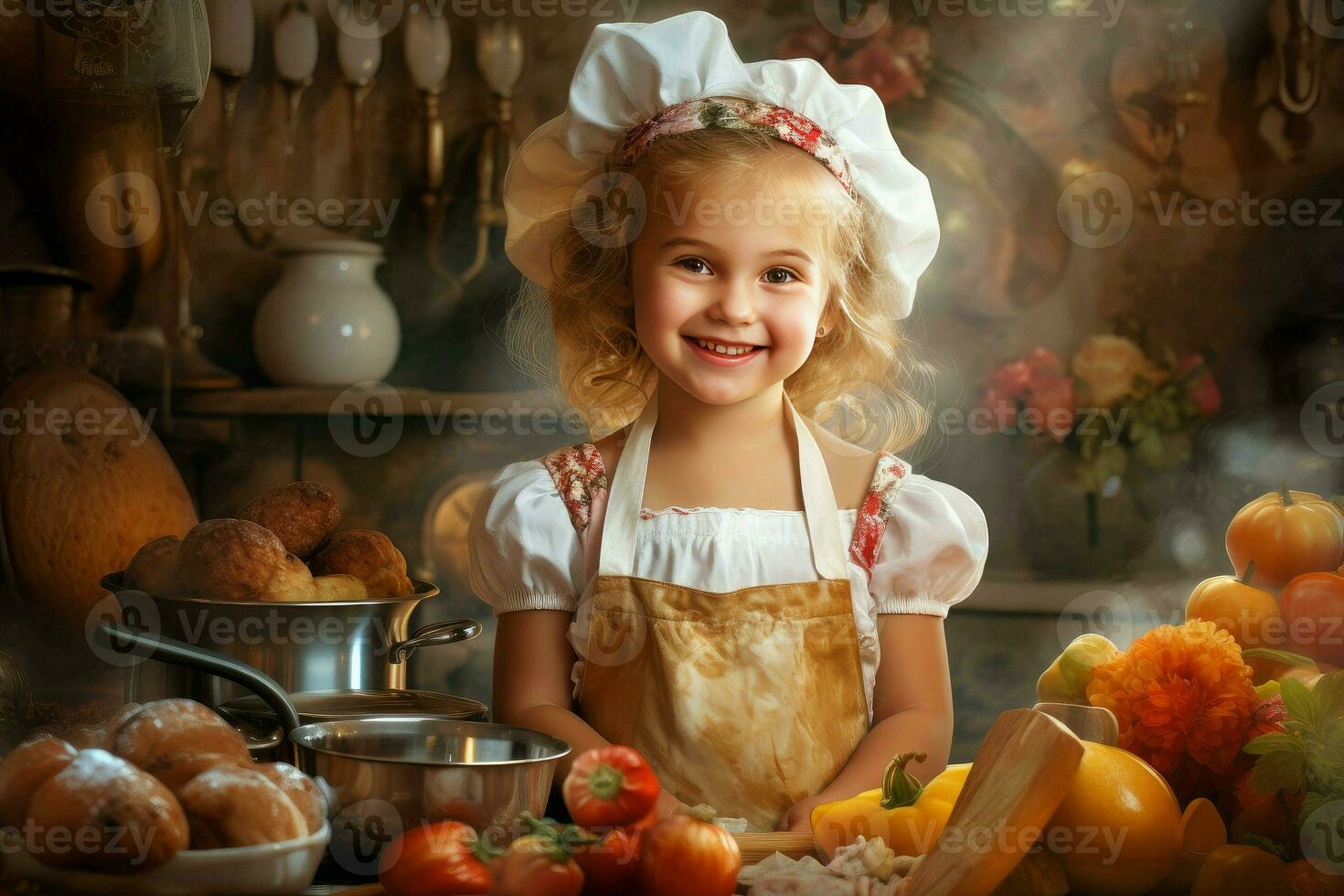 Hardworking Cook girl kitchen. Generate Ai photo