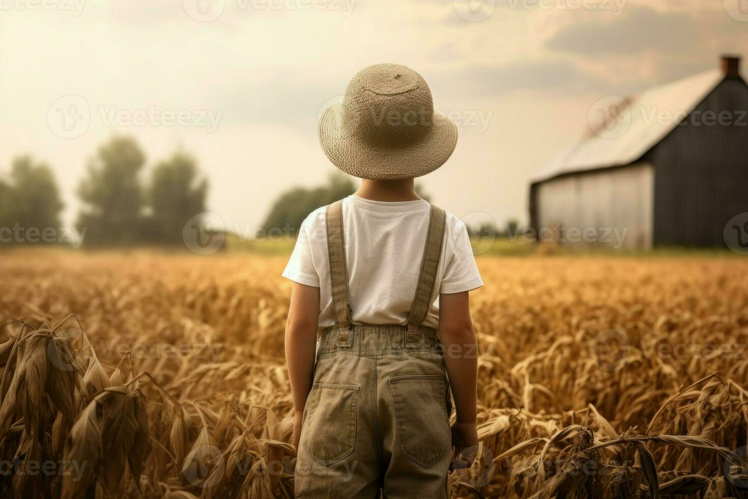 Adventurous American farmer child boy. Generate Ai photo