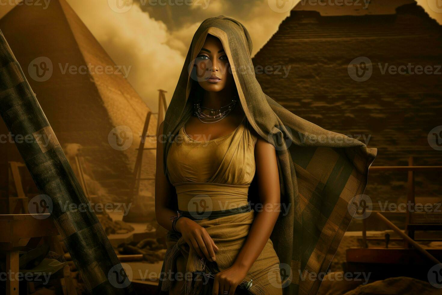 Celestial Ancient egyptian pyramid woman. Generate Ai photo