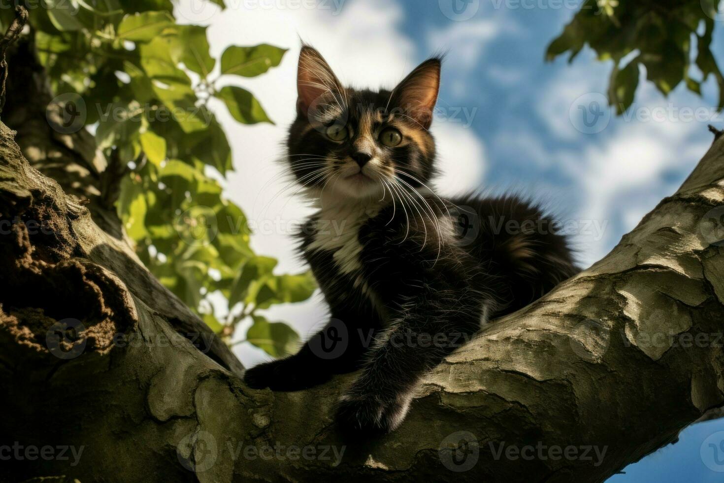 Cat on tree branch. Generate Ai photo