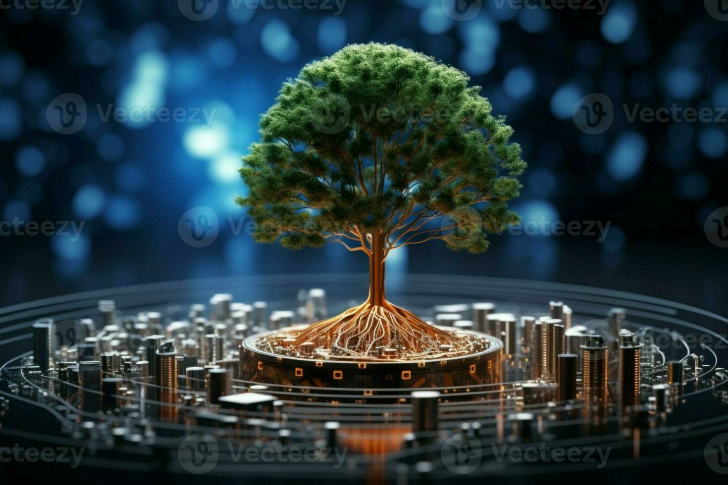 naturaleza en circuitos árbol en digital esfera, azul fondo simbolizando tecnología ecológica convergencia ai generado foto