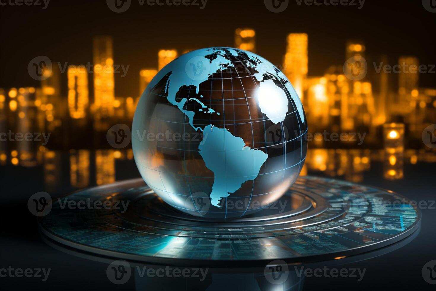 Business charts set behind a glowing glass globe with emanating light rays AI Generated photo