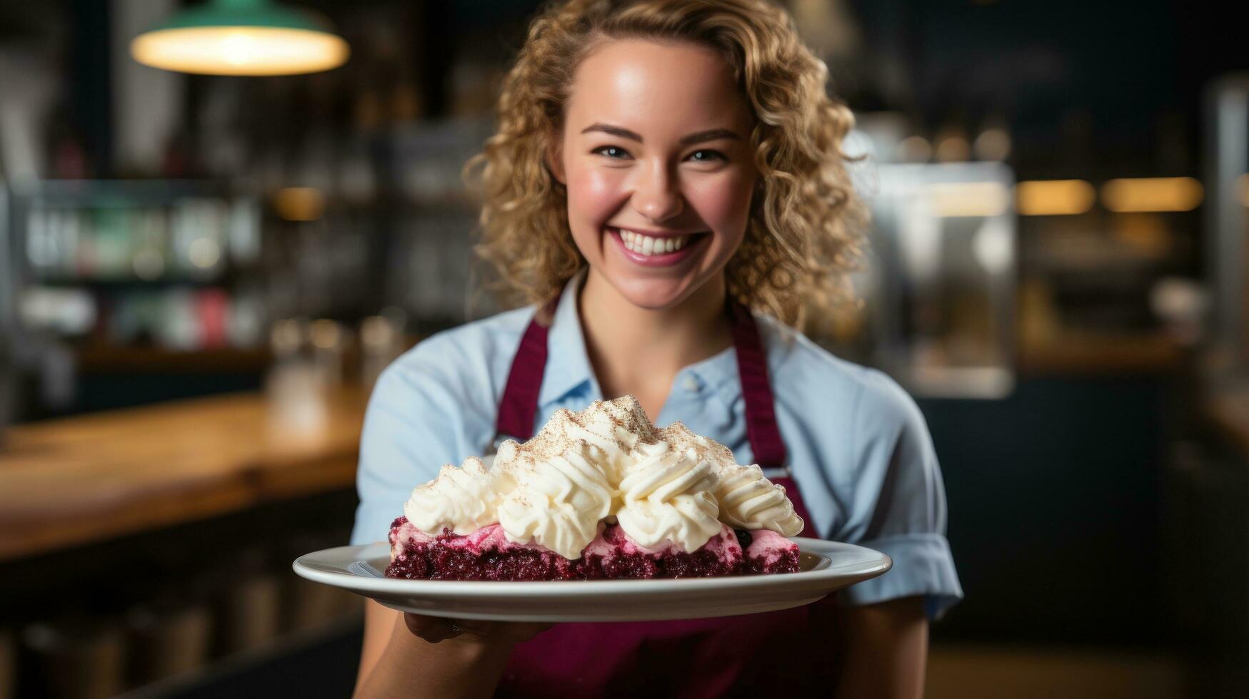 mujer servicio un rebanada de tarta foto